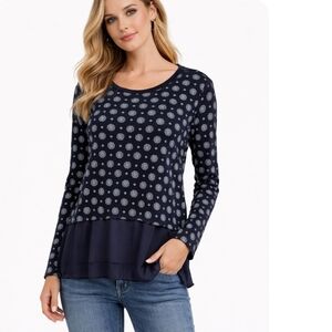 Michael Kors Top Small Navy Long Sleeve Printed Blouse